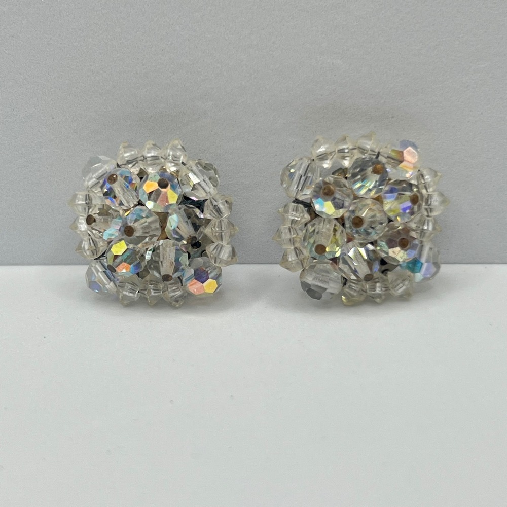 Vintage Aurora‎ Borealis Crystal Clip On Earrings Cocktail Party Statement